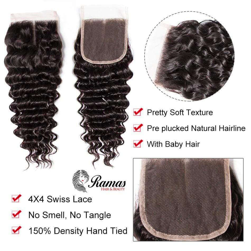 10A Closure 4X4 Free Part Deep Wave Remy Hair Extensions - Ramas Hair And Beauty