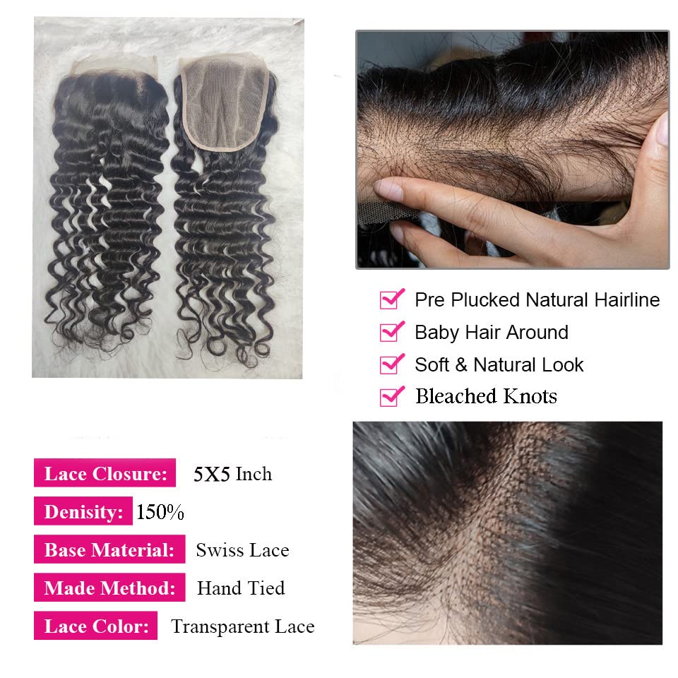 10A Closures Water Wave 5X5 Remy Human Hair Extensions Free Part