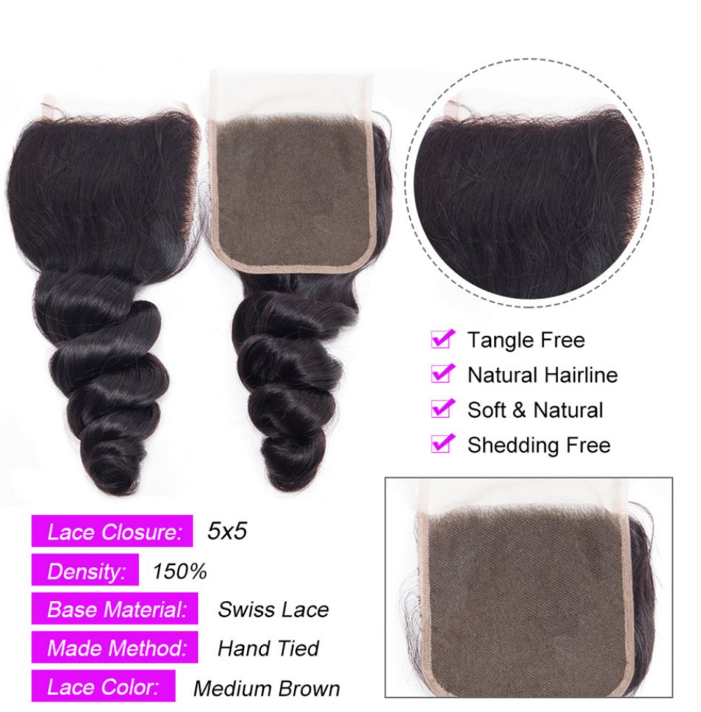 10A Closures Loose Wave 5X5 Remy Human Hair Extensions Free Part