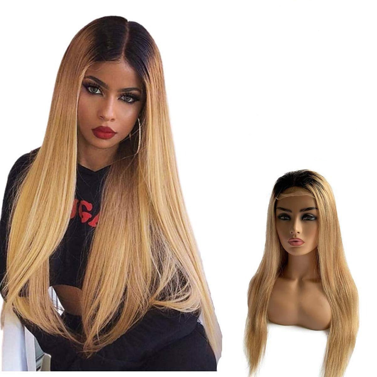 13X4 Wig Lace Fontal Straight Human Hair 150% Density Black T1B/27 - Ramas Hair And Beauty