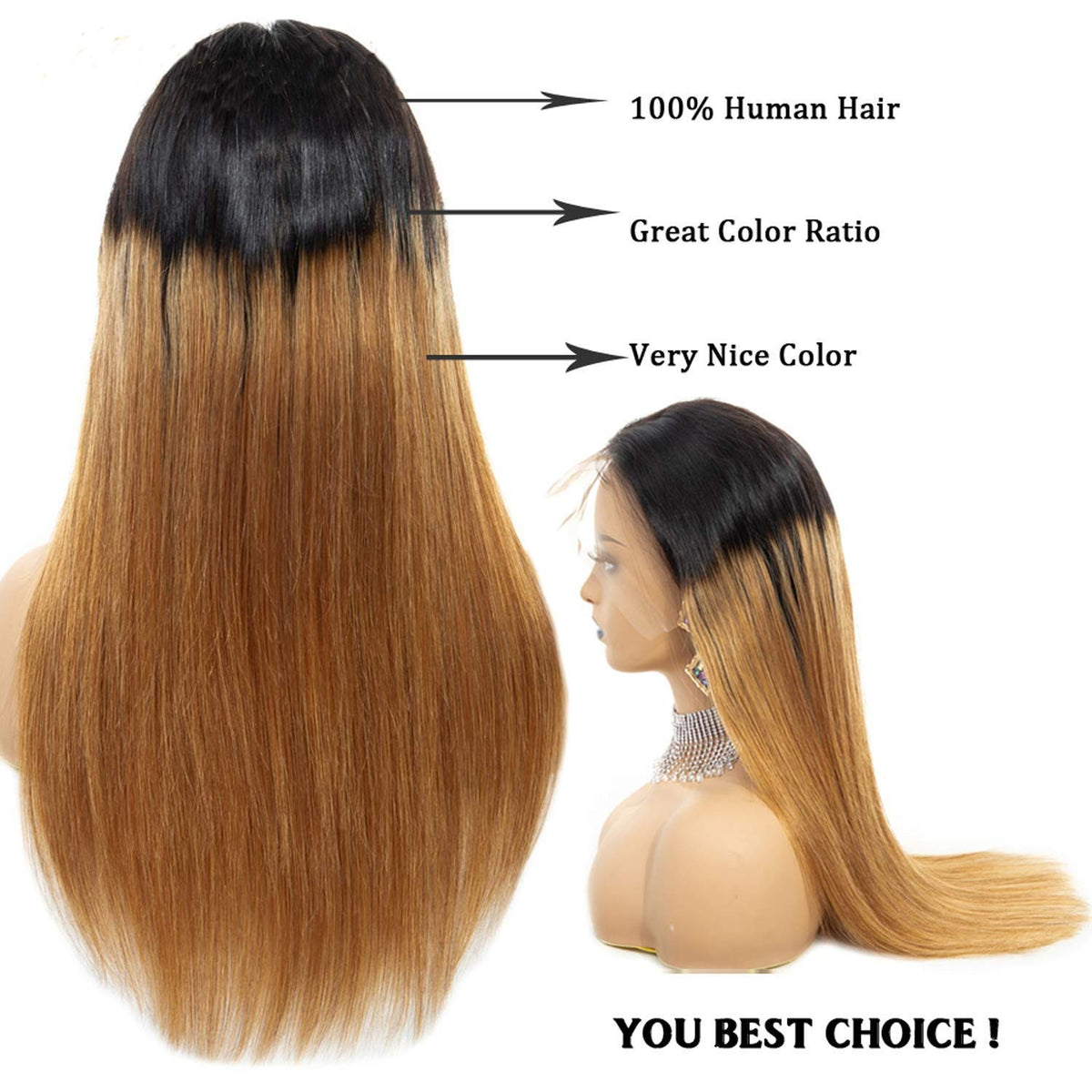 13X4 Wig Lace Fontal Straight Human Hair 150% Density Black T1B/27 - Ramas Hair And Beauty