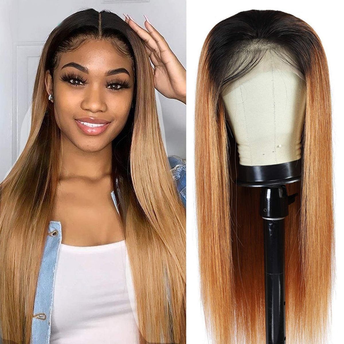 13X4 Wig Lace Fontal Straight Human Hair 150% Density Black T1B/27 - Ramas Hair And Beauty