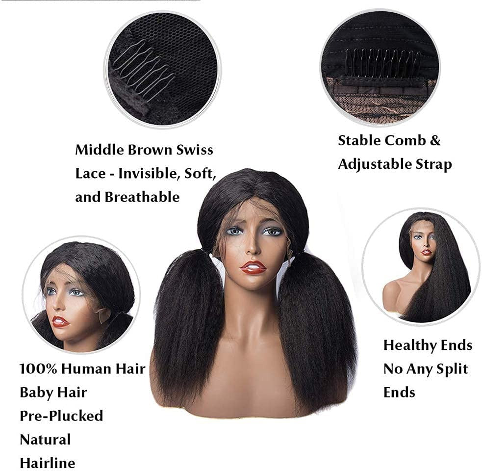 13X4 Wig Lace Fontal Kinky Straight Human Hair 150% Density Black T1B - Ramas Hair And Beauty